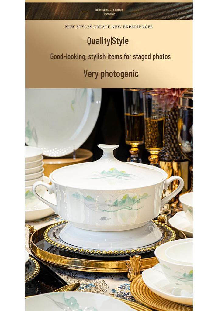 Tangshan Bone China Bowl Set: Rice, Soup, Noodle Bowls & Plates with Chopsticks - Perfect Housewarming Gift
