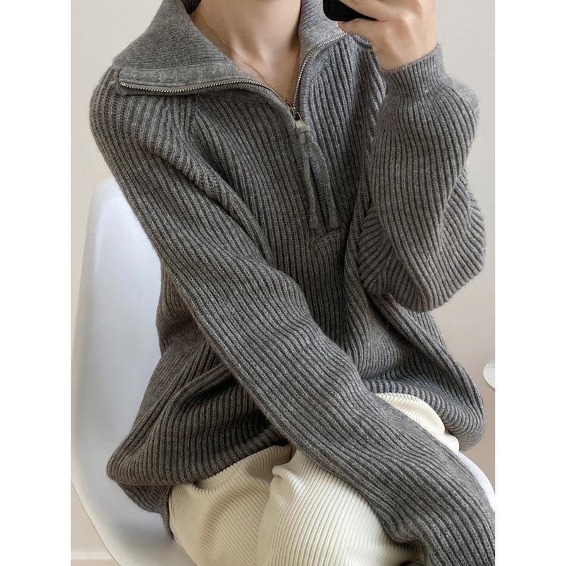 Lazy wind thickened lapel sweater women's autumn and winter soft waxy pullover zipper sweater knitted sweater jacket women