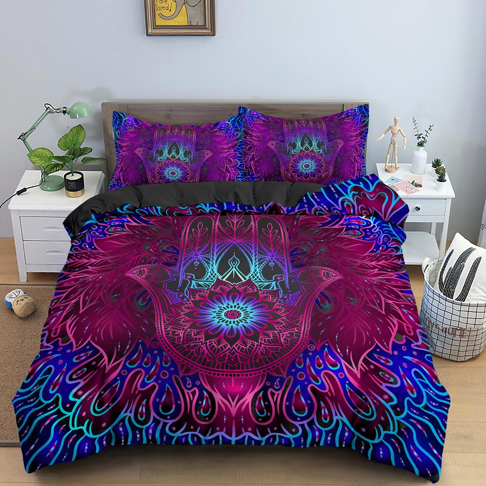 Set Copripiumino Mano di Fatima King Size Nero Dorato Set Biancheria da Letto Lusso Stampa Mano d'Oro di Fatima Boho Hippie 2/3pz Copripiumino