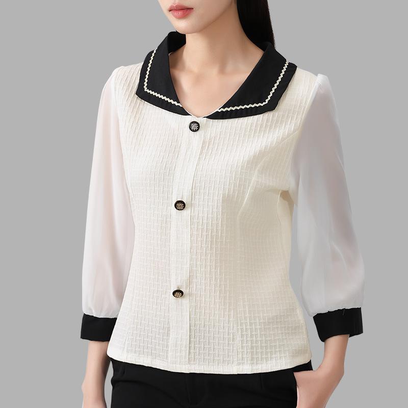 

Шифоновая рубашка с кукольным вырезом, женская верхняя часть, женская одежда больших размеров, Fat Mm, новая женская одежда, рукав три четверти, шикарная и красивая маленькая рубашка 3XL