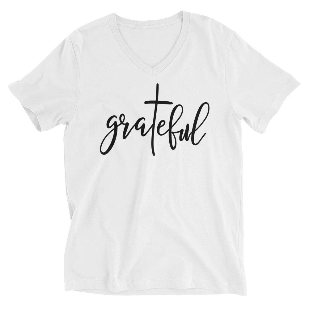 Grateful Cross Christian Religious Faith Jesus God Unisex V-Neck Shirt Clothing M