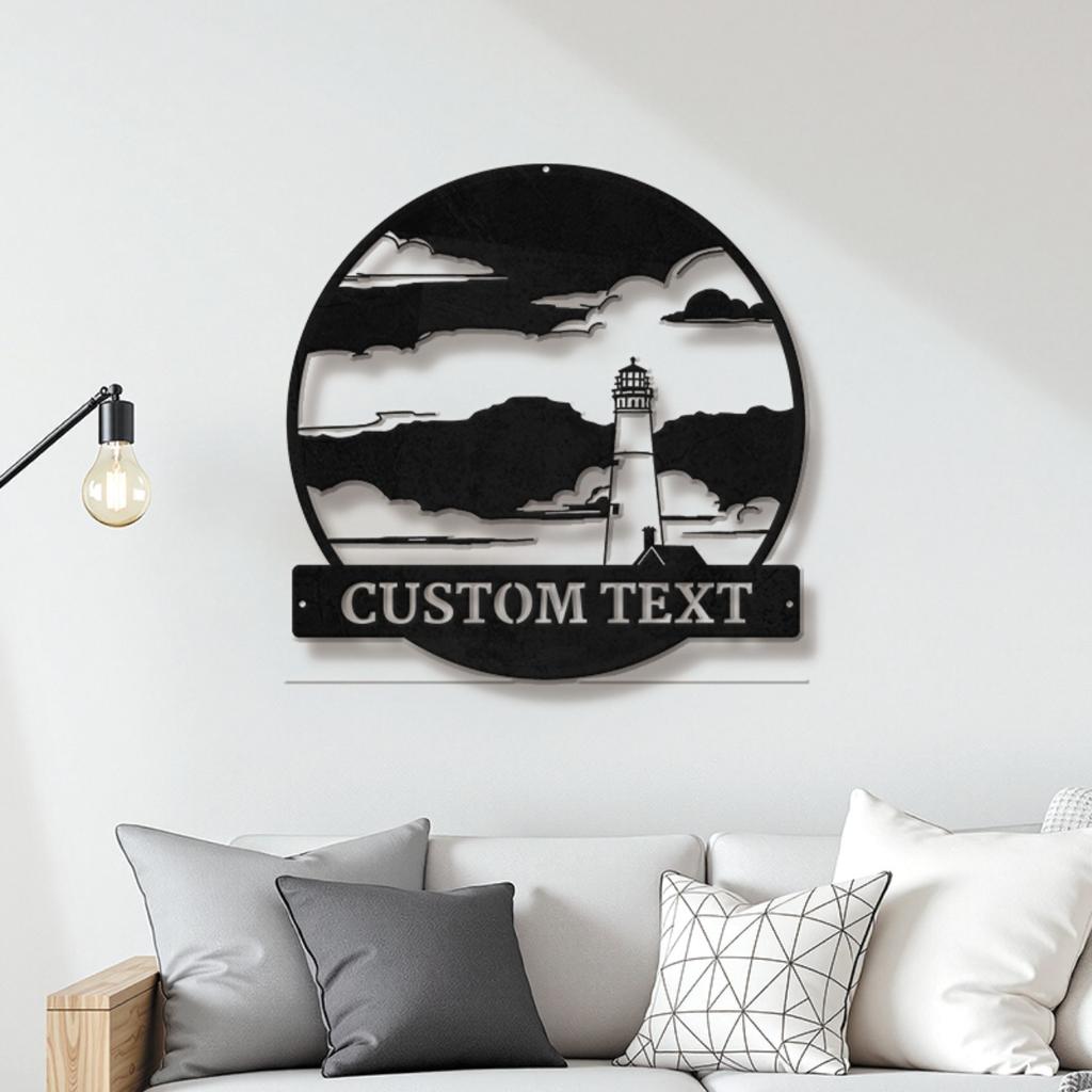 Custom Coastal Lighthouse Metal Wall Art Black White Design Personalized Text Nautical Beach House Decor