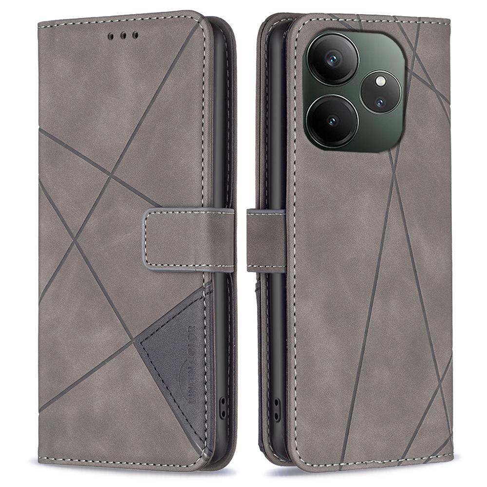

BINFEN COLOR For Realme GT 6 5G/GT 6T 5G Phone Cases Wallet Stand Geometry Imprinted Leather Cover Grey
