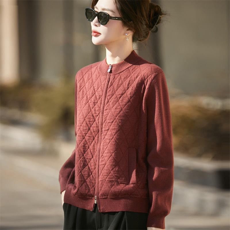 Autumn And Winter New Worsted Wool Crew Neck Knitted Cardigan Double Zipper Long Sleeve Rhombus Air Layer Top