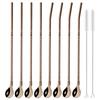 10Pcs/Set Straw Spoon Portable Black Tea Scoop Reusable Colored Stainless Steel Straws Colorful Dinnerware Set For Bar Party