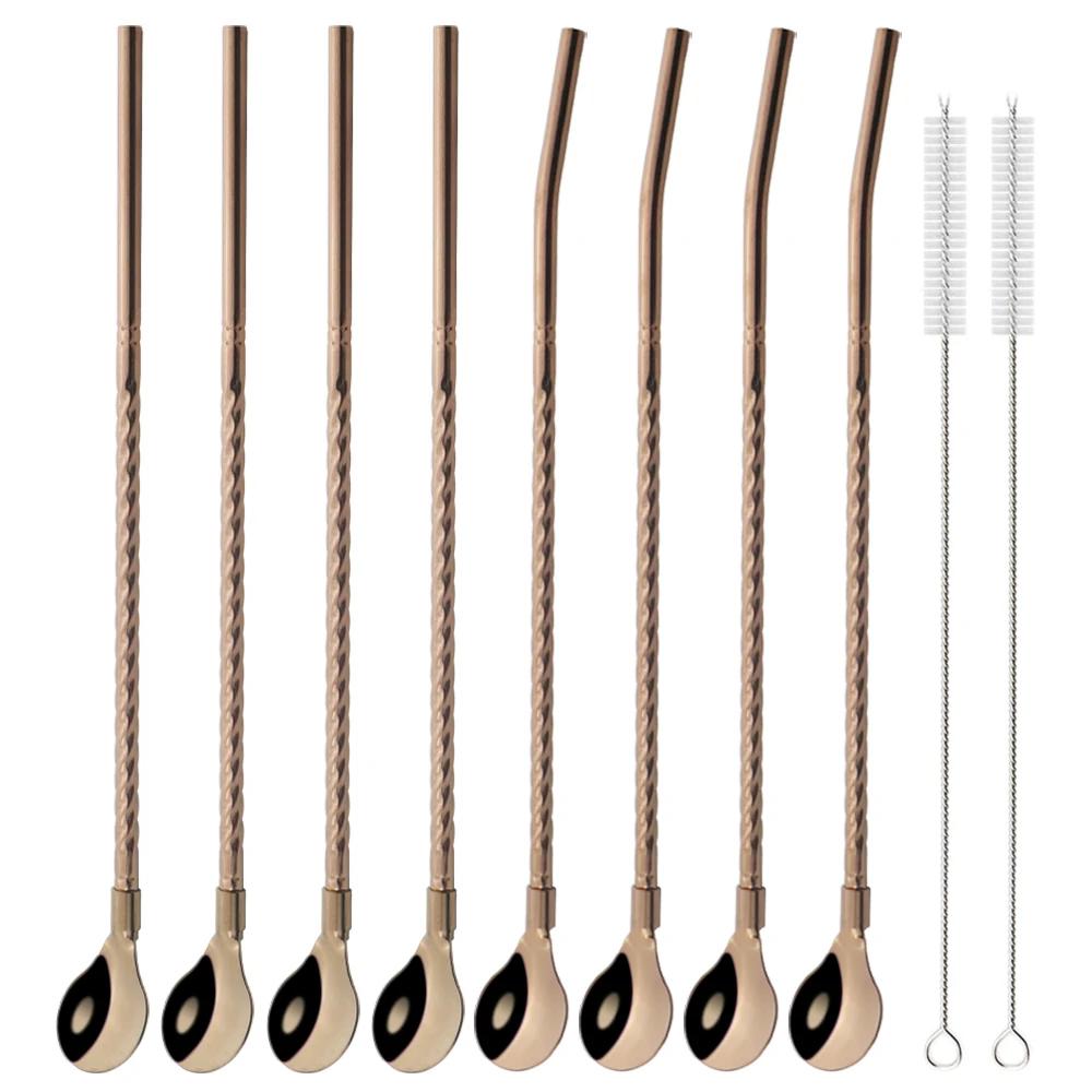 10Pcs/Set Straw Spoon Portable Black Tea Scoop Reusable Colored Stainless Steel Straws Colorful Dinnerware Set For Bar Party