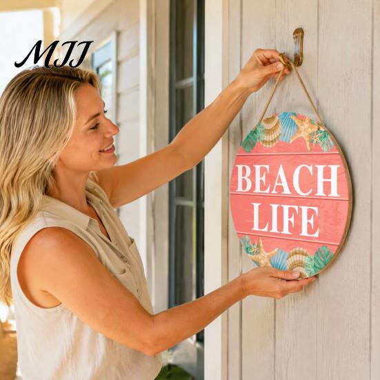 Summer Party Supplies Wooden Swim Ring Hanging Sign for Pool Decoration, Beach Theme Wall Rustic Decor Art with Hemp Rope, Double Layer Seaside