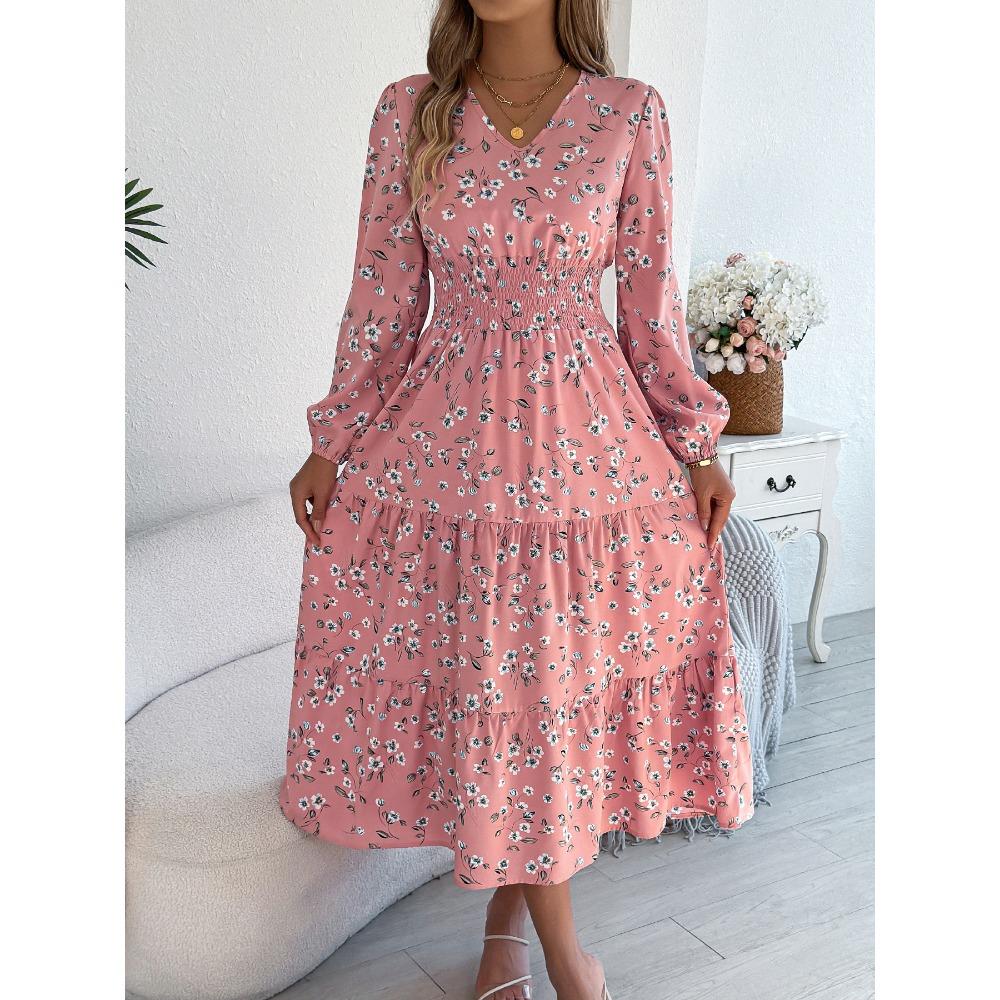 Robes Femme Mode Élégantes Florales Col V Manches Longues Taille Volants A-Ligne