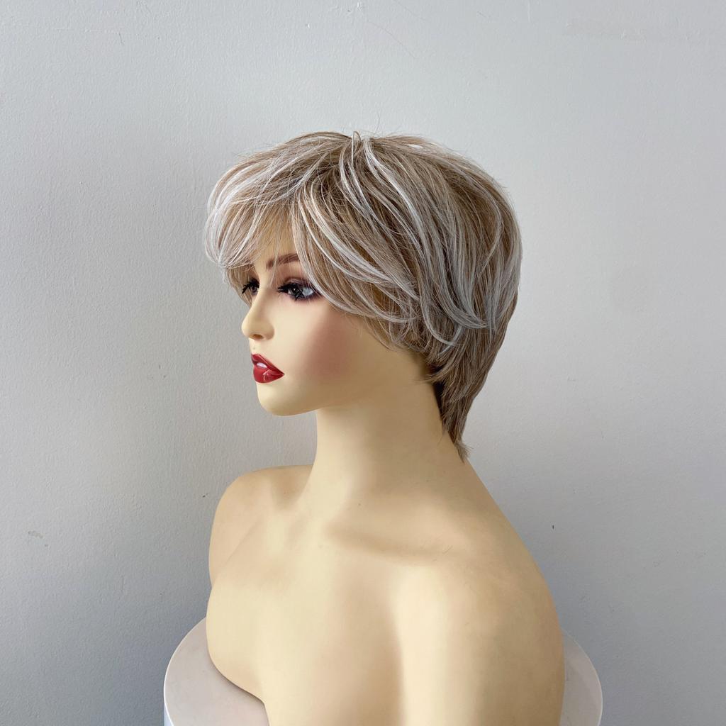 Women Natural Short Wavy White Gradient Wig Rose Net Synthetic Curly Wigs