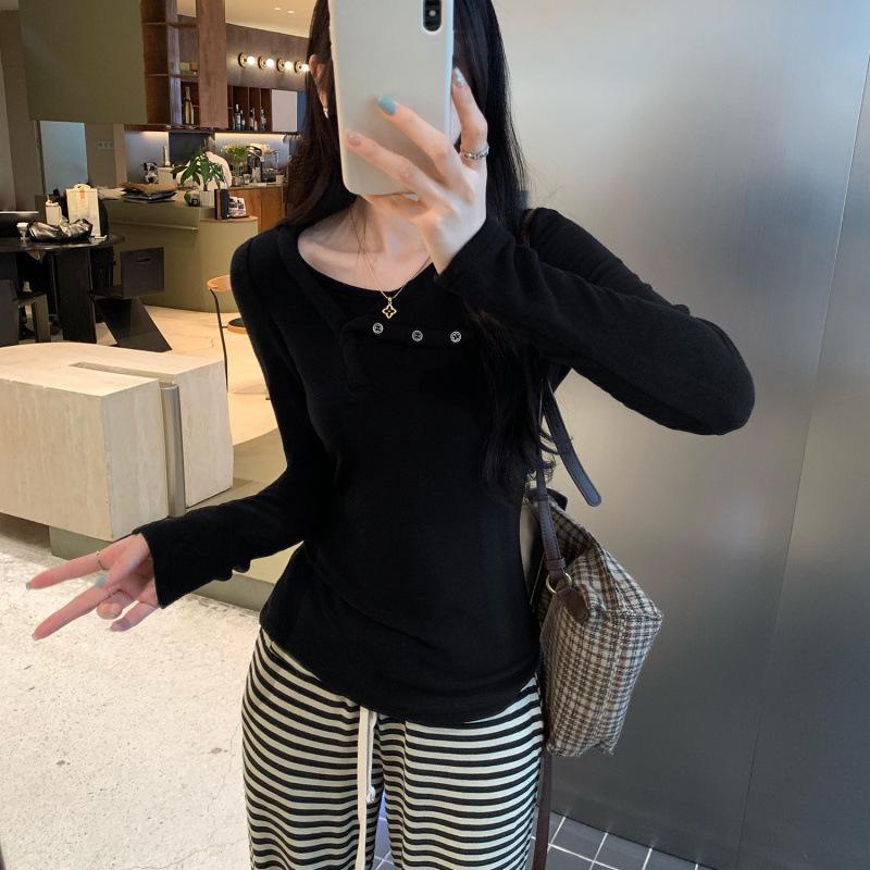 Women's Long-Sleeve Off-Shoulder Button-Up Base Layer Top - Stylish Autumn/Winter 2026 Arrival