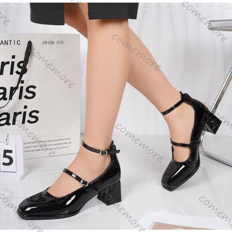 Fashion Comemore Square Head Mary Jane Shoes Women Spring Autumn Retro Belt Buckle Shallow Mouth Single Shoes Black Red High Heel Pumps