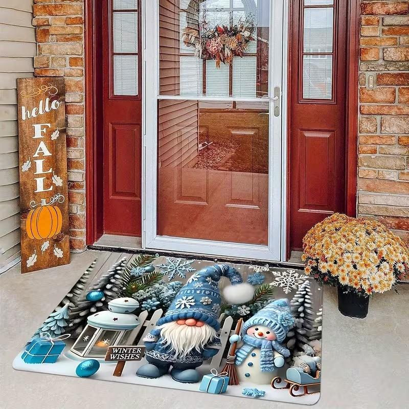 Blue Gnome Snowman Winter Doormat, Winter Wishes Gift Printed Floor Mat, Entryway Christmas Holiday Decor