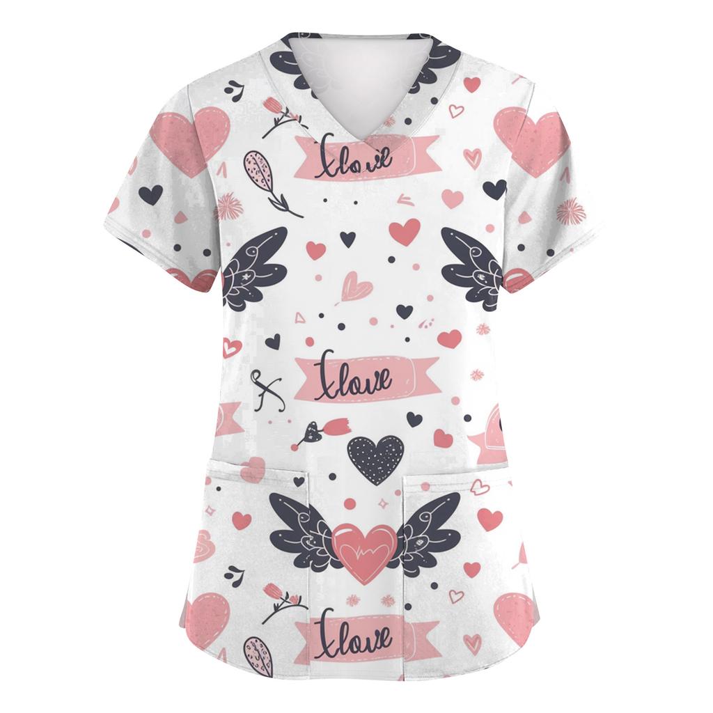 Women V Neck Printed Scrub Top with Heart Pattern Short Sleeve Uniform Top for Veterinary