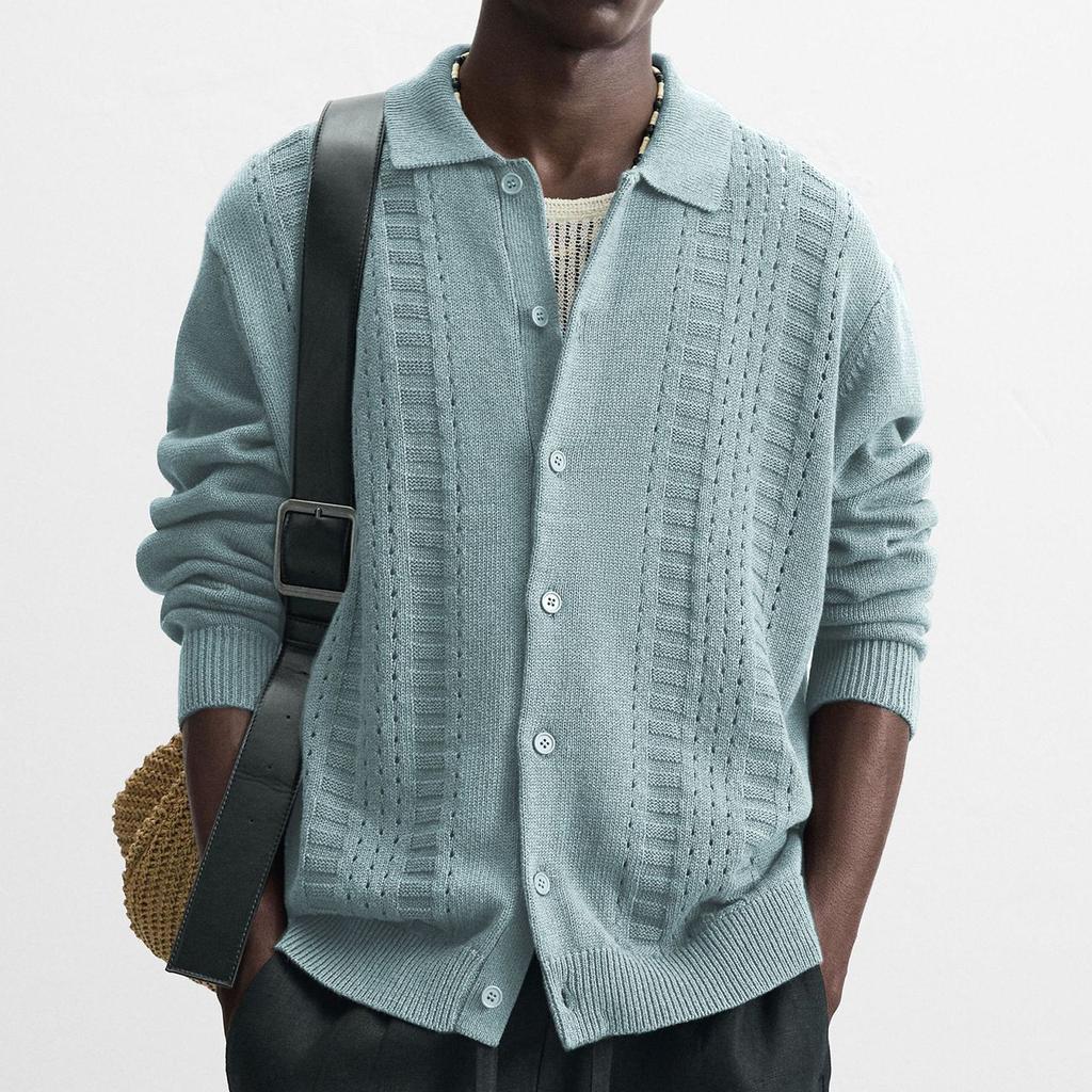 Men's Casual Solid-Color Knitted Cardigan With Ribbed Cuffs And Turned-Up Collar, An Outerwear