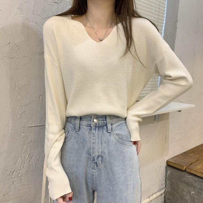 

Женский осенне-зимний пуловер с длинным рукавом, V-образным вырезом, облегающего кроя, базовый однотонный, трикотажная футболка-топ для многослойности one size