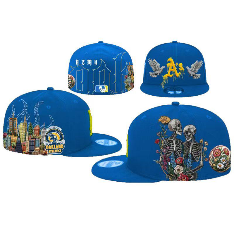 

Oakland Athletics Gothic Art Snapback Hat, Blue Skeleton & City Skyline Embroidered Streetwear Flat Brim Cap one size