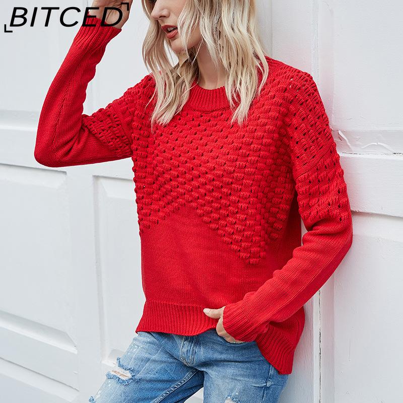 

BITCED Fall/Winter Crew Neck Pullover Sweater Women s Knitwear Solid Color Long Sleeve Lace-Up Sweater S