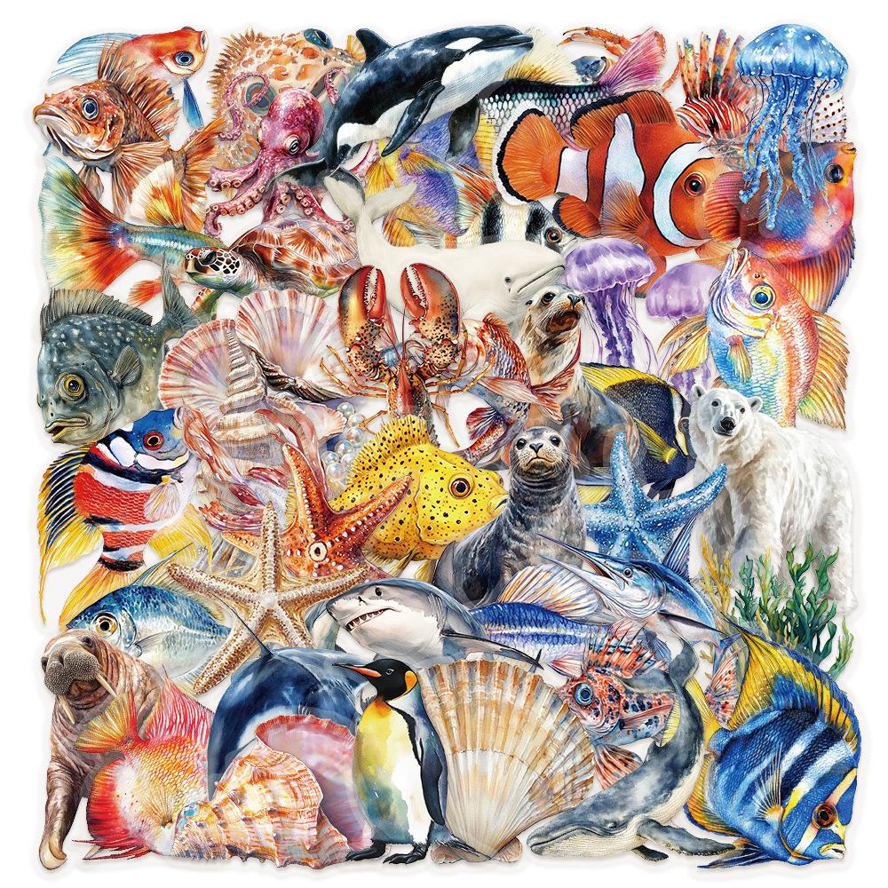 50 Ocean Creatures Fish Stickers - Creative Graffiti, Transparent PET, Waterproof for DIY Journals & Phone Cases