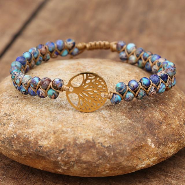 Handmade Natural African Stone Beaded Boho Yoga Wrap Bracelet &Bangle Stainless Steel Tree Of Life Braided Charm Bracelet