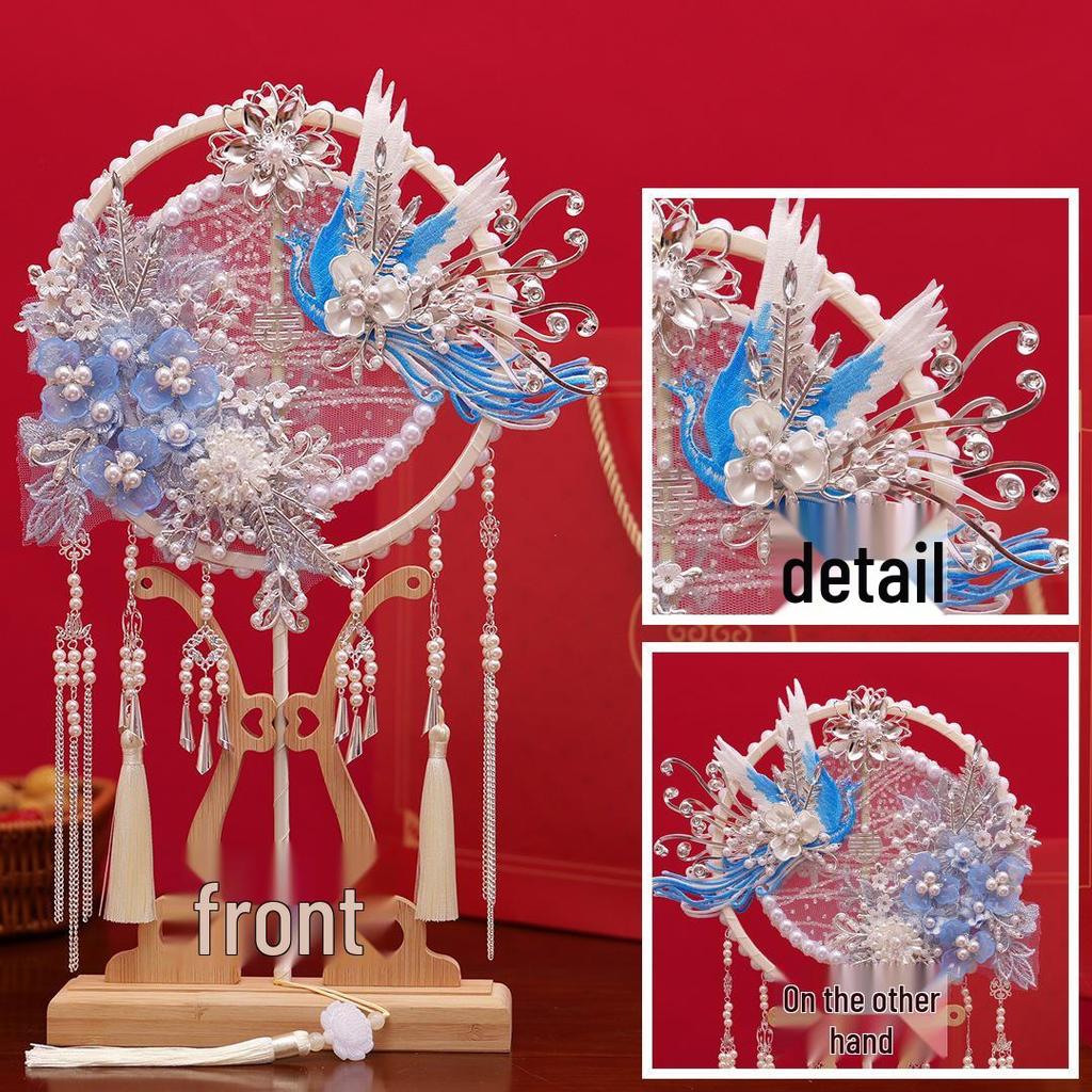 Handmade Long Handle Chinese Xiuhe Silver Wedding Fan, Double-Sided Round Face Cover Gift Fan