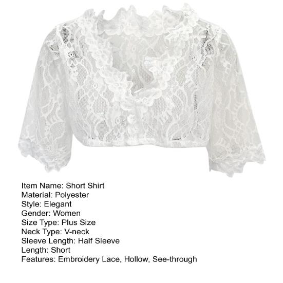 Frauen Elegante Durchsichtige Stickerei Spitze Hemd Tops V-ausschnitt Halbe Hülse Slim Fit Einfarbig Kurze Hemd Unten Abgeschnitten Tops