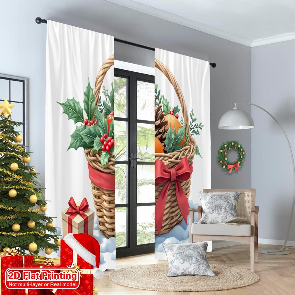 2pcs 2D Flat Printing Merry Christmas Popular Window Curtains Christmas Gift Basket Holly Berries_a 100% Polyester Fabric