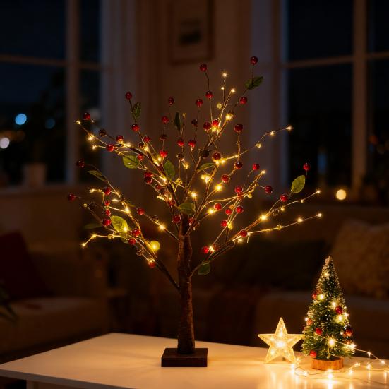 LED Birch Tree Light with Red Berries Mini Glowing Birch Tree for Tabletop Decor Festive Home Party Wedding Centerpiece Decorations