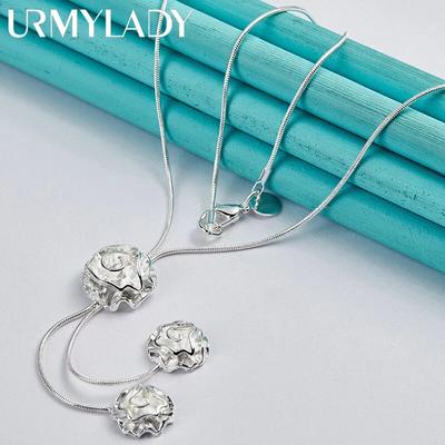 URMYLADY 925 Sterling Silver Rose Flower 20 Inch Pendant Necklace For Women Fashion Wedding Engagement Party Jewelry
