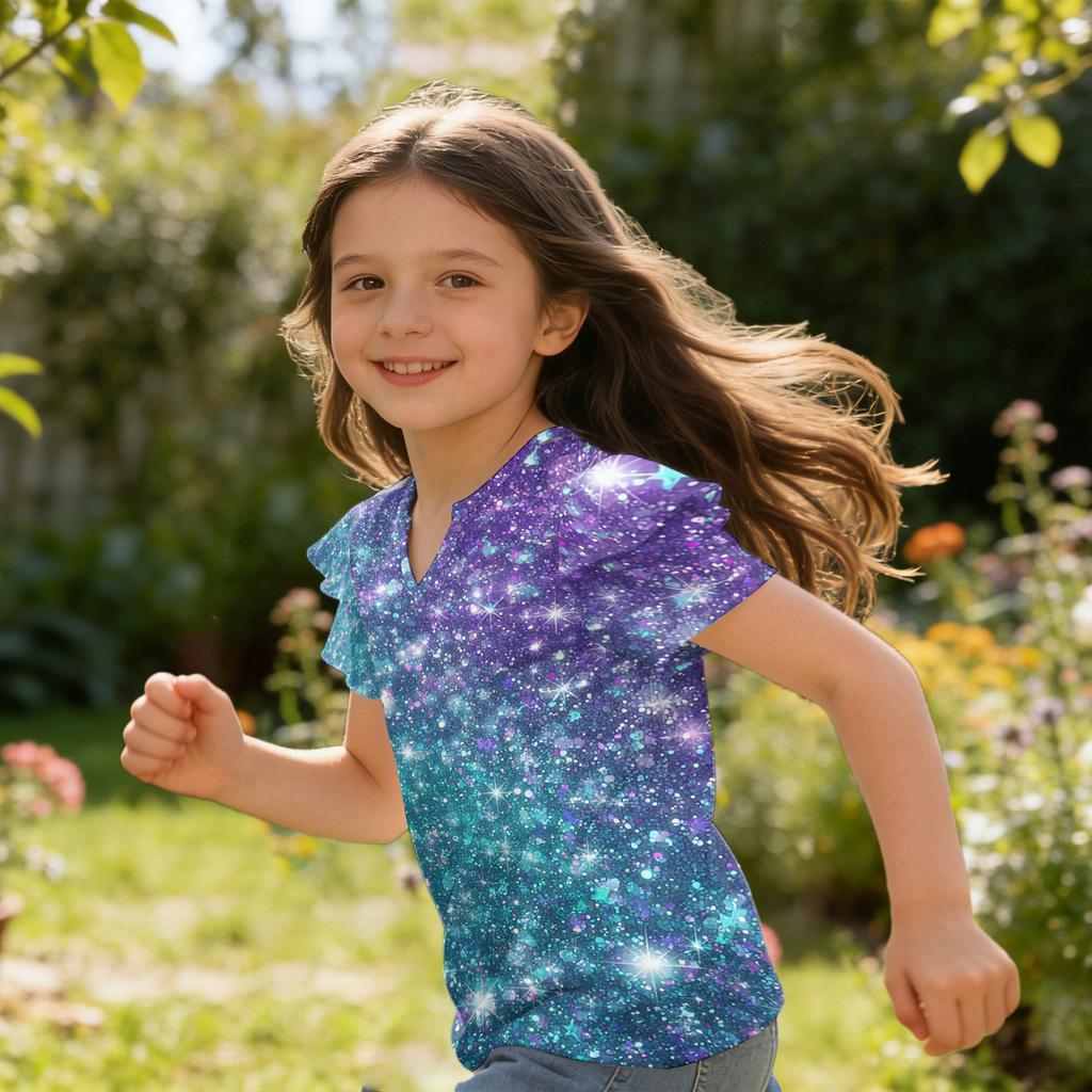 Girls V Neck Short Sleeve T Shirt Casual Top with Ruffle Sleeve and Sequin Print Lightweight Summer Blouse for Kids