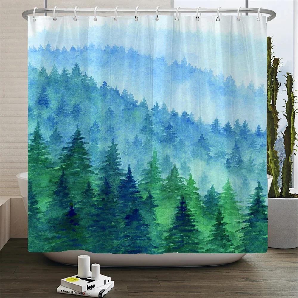 Stunning Watercolor Trees Print Water-resistant Shower Curtain with Artistic Design and Soft Colors for Vibrant Bathroom Decor