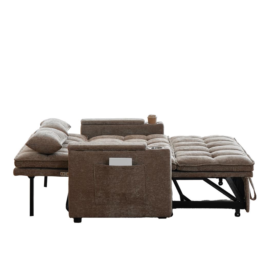 Un canapé-lit 3-en-1 de 142 cm de large avec fonction inclinable, coussins d'assise et de dossier doux comme des nuages, deux coussins lombaires, une étagère et un porte-gobelet