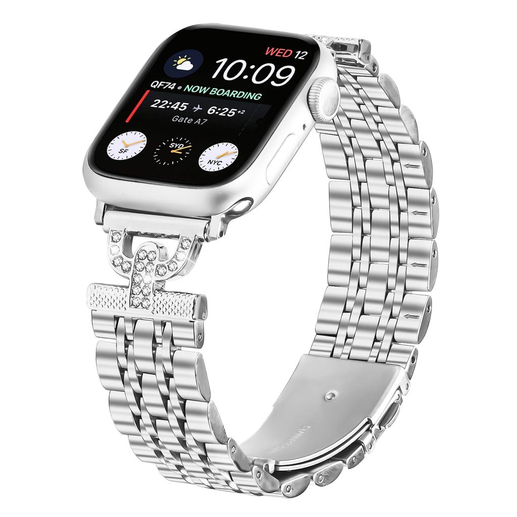 Watch Band for Apple Watch Series 11 10 42mm/9 8 7 41mm/SE3 SE2 SE 6 5 4 40mm/3 2 1 38mm Rhinestones Decor Silver Stainless Steel Strap