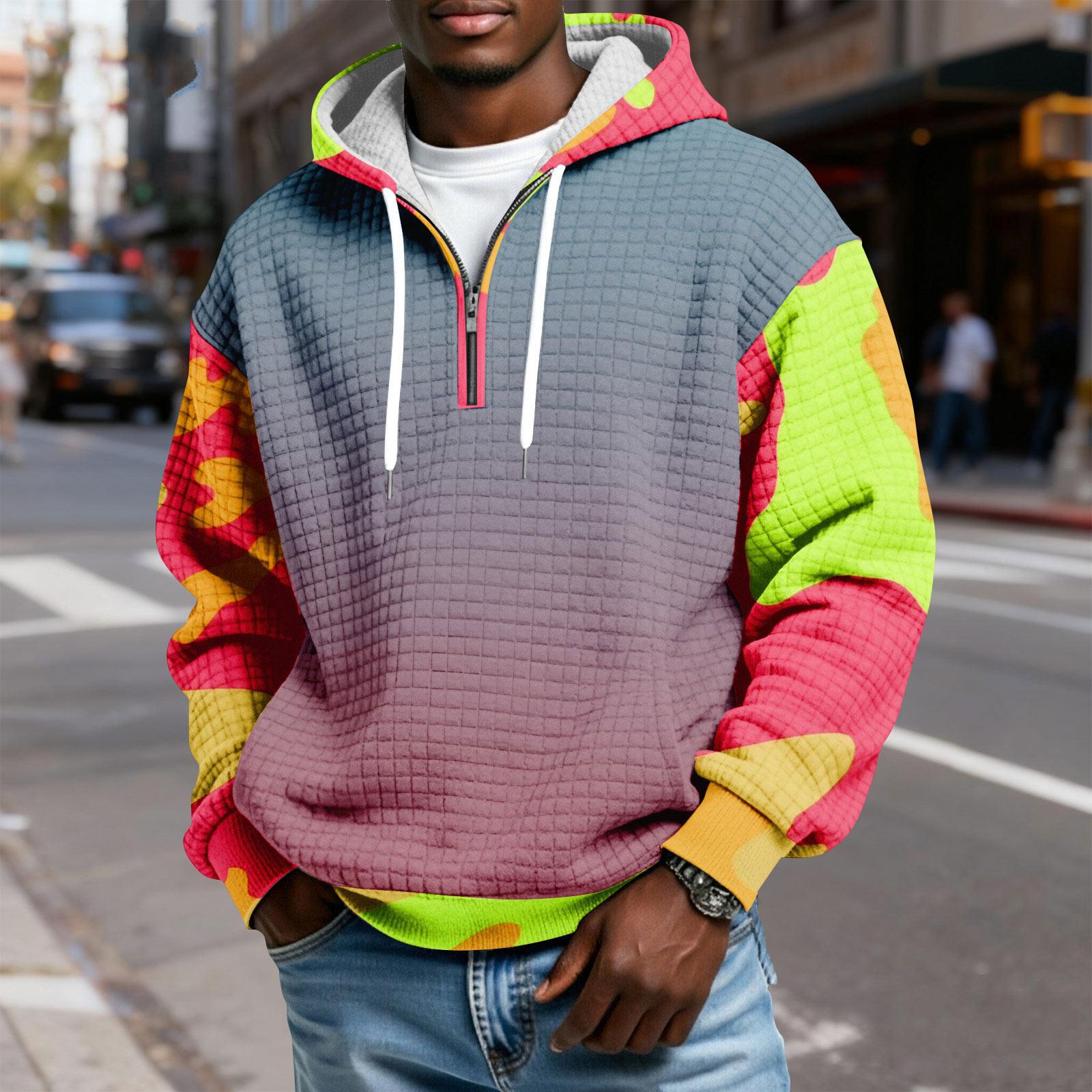 

Мужской худи-пуловер в клетку с капюшоном на молнии до середины, со шнурком и принтом, повседневная спортивная толстовка S тёмно-синий