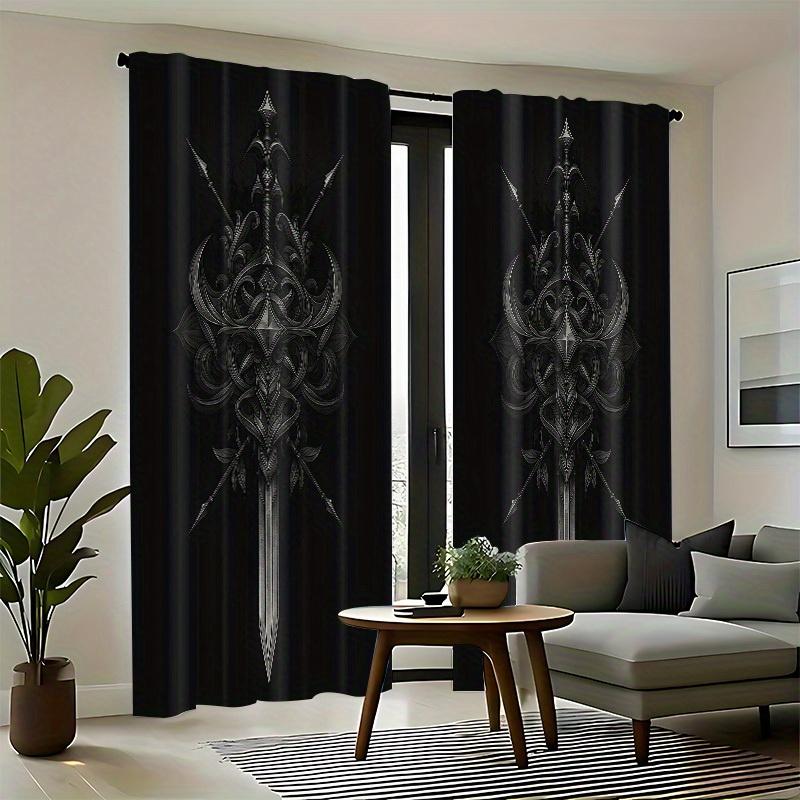 2PCS Blackout Curtains Dark Sword Print Polyester Rod Pocket Top for Bedroom Office Living Room Home Decor