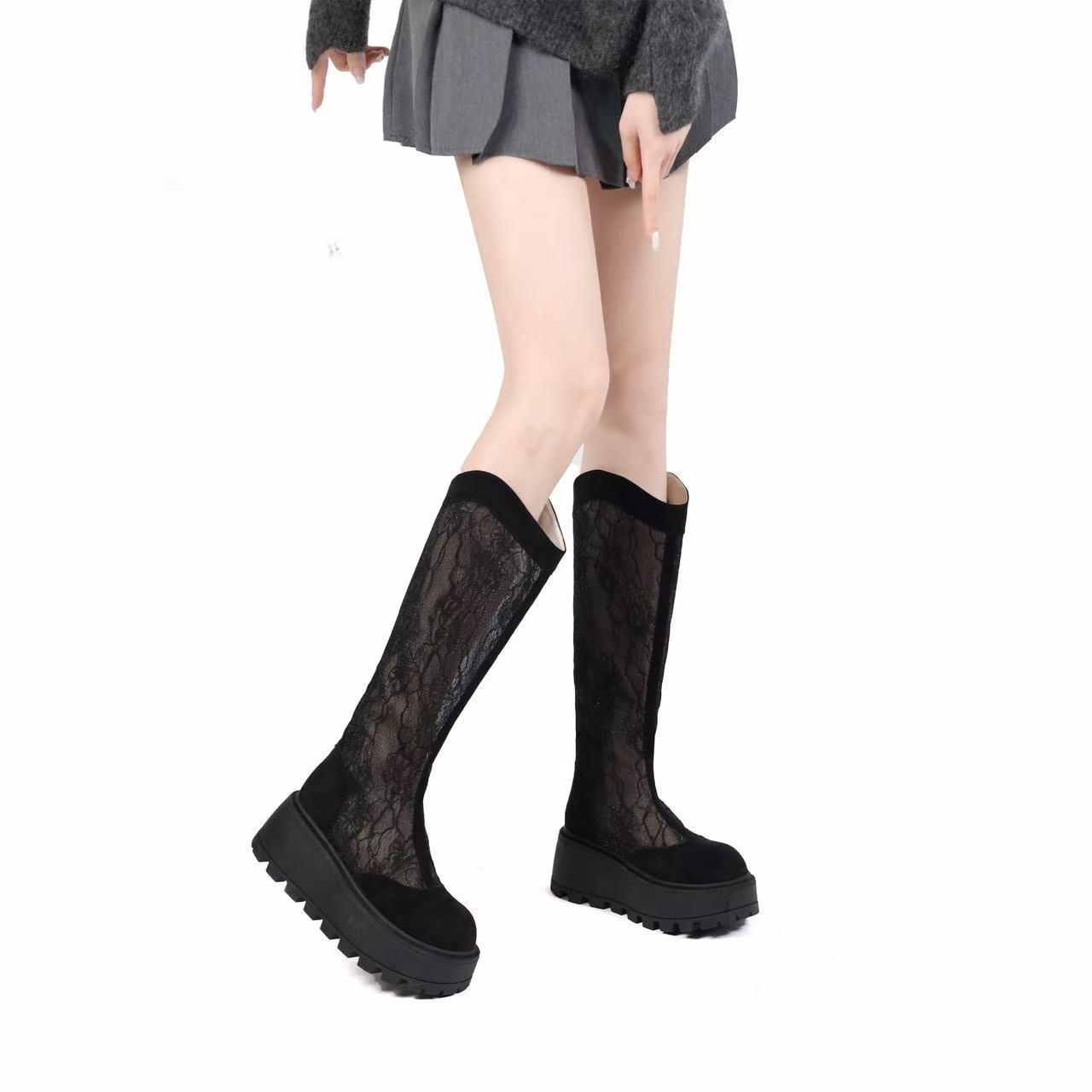 

Small lace medium boots thin 2025 spring and summer new hollow mesh short boots versatile thick-soled heightening women s boots 35
