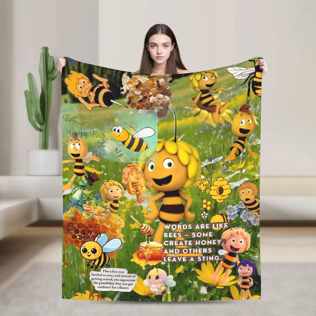 Maya The Bee With Flowers Cartoon Throw Blanket for Couch  Fuzzy Soft Plush Blanket 50x60 Inches Multiple Sizes Bedspreads