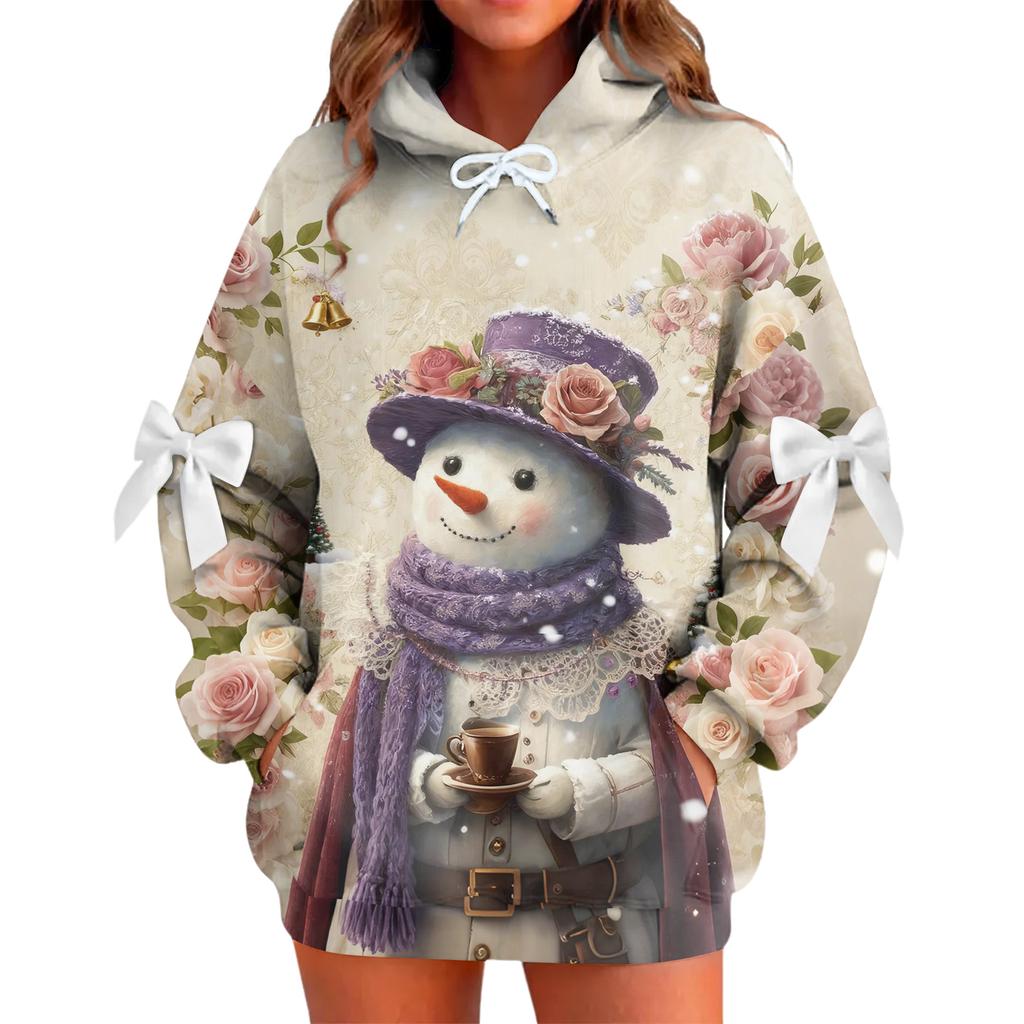 Ladies' Christmas Printed Bow Long Sleeved Loose Fitting Headband With Rope Hooded Sweatshirt Top
