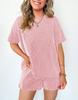 Women Casual Two Piece Set Short Sleeve Round Neck Top Elastic Waist Shorts