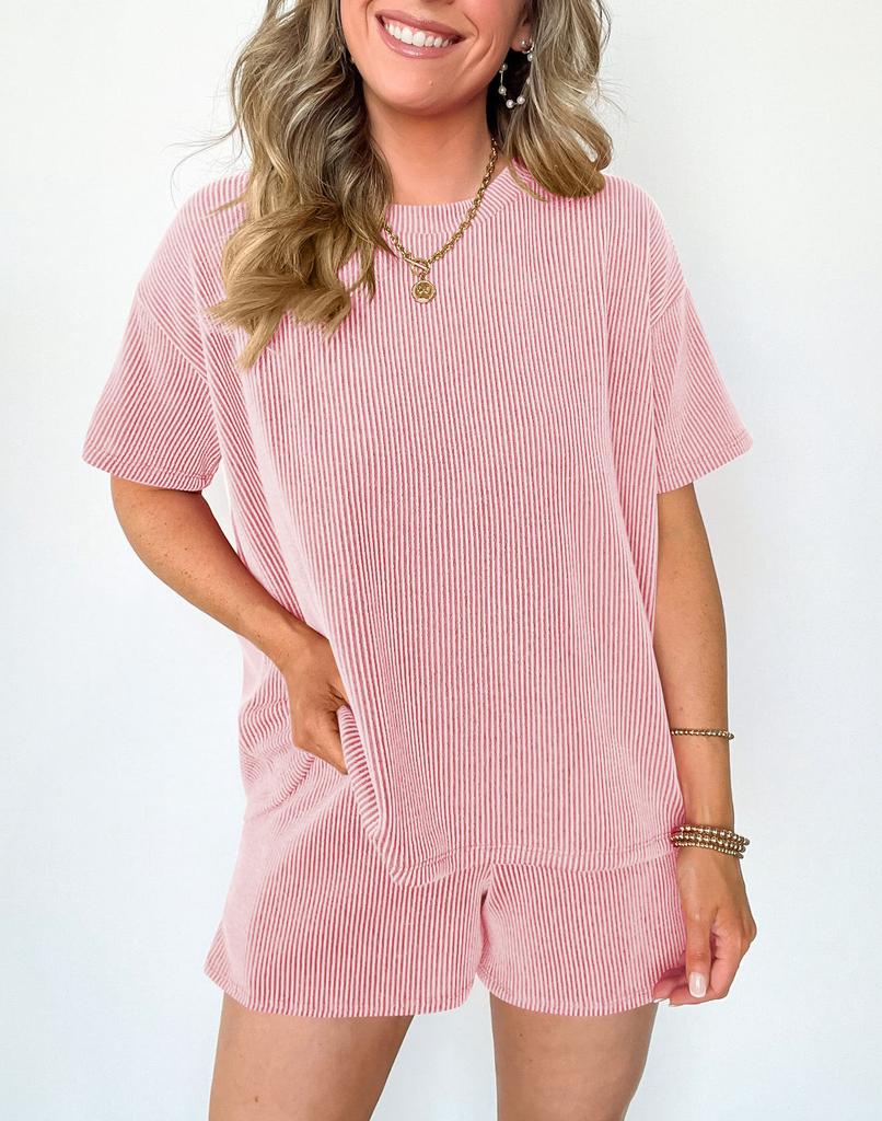 Women Casual Two Piece Set Short Sleeve Round Neck Top Elastic Waist Shorts