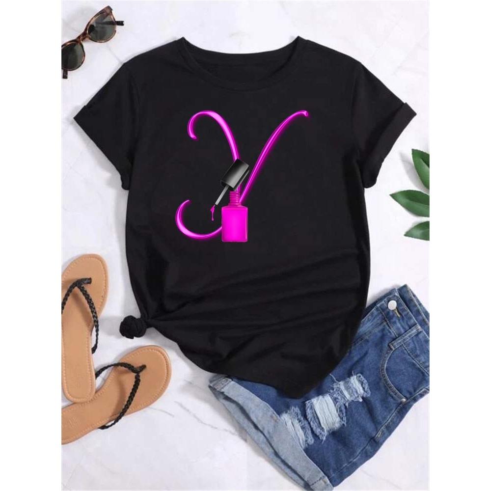 Letter combination fashion women's T-shirt nail polish letter font short sleeve top women's T-shirt
