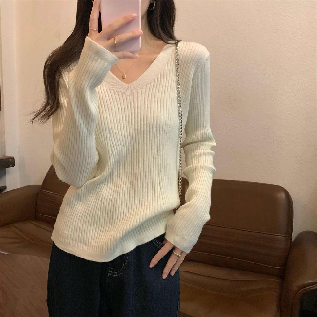 Women's French V-Neck Slimming Ribbed Knitwear Top - Autumn/Winter