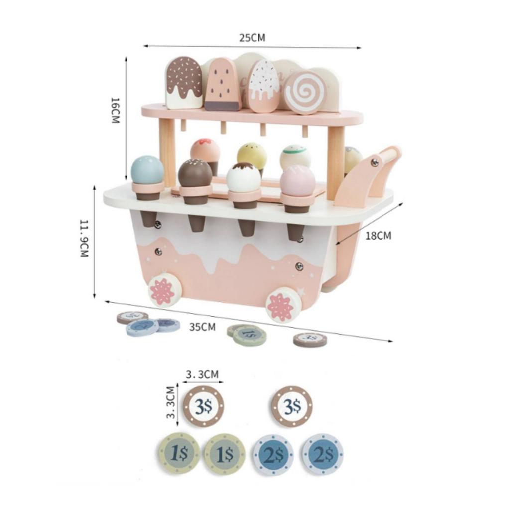 Pretend Ice Cream Cart Wheeled Wooden TwoLevel Play Treats Set for Kids