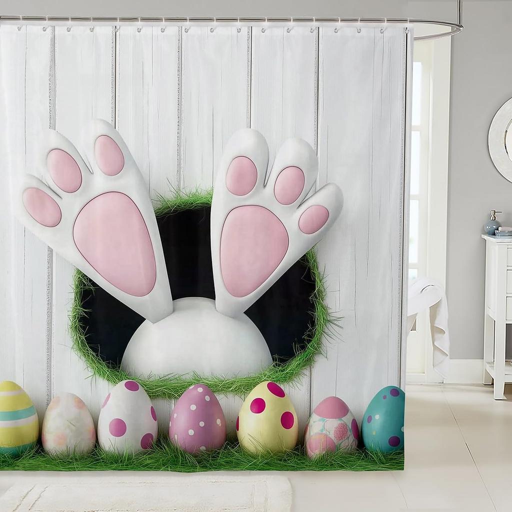 Easter Rabbit Bath Curtain Cute Bunny Shower Curtain For Kids Boys Girls Watercolor Eggs Bathroom Decor Pet Animals Bathroom