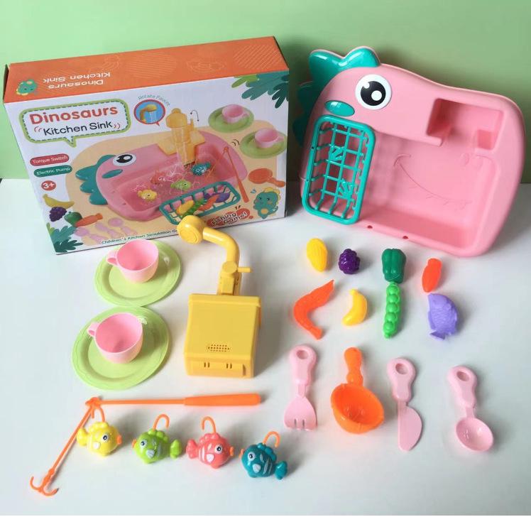 Kids' Electric Dinosaur Dishwasher & Fishing Toy - 2-in-1 Kitchen Play Set