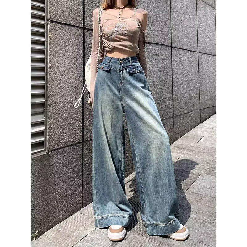 Women's High Waist Wide Leg Jeans - Retro Loose Fit, Plus Size, Floor Length, Fake Pockets