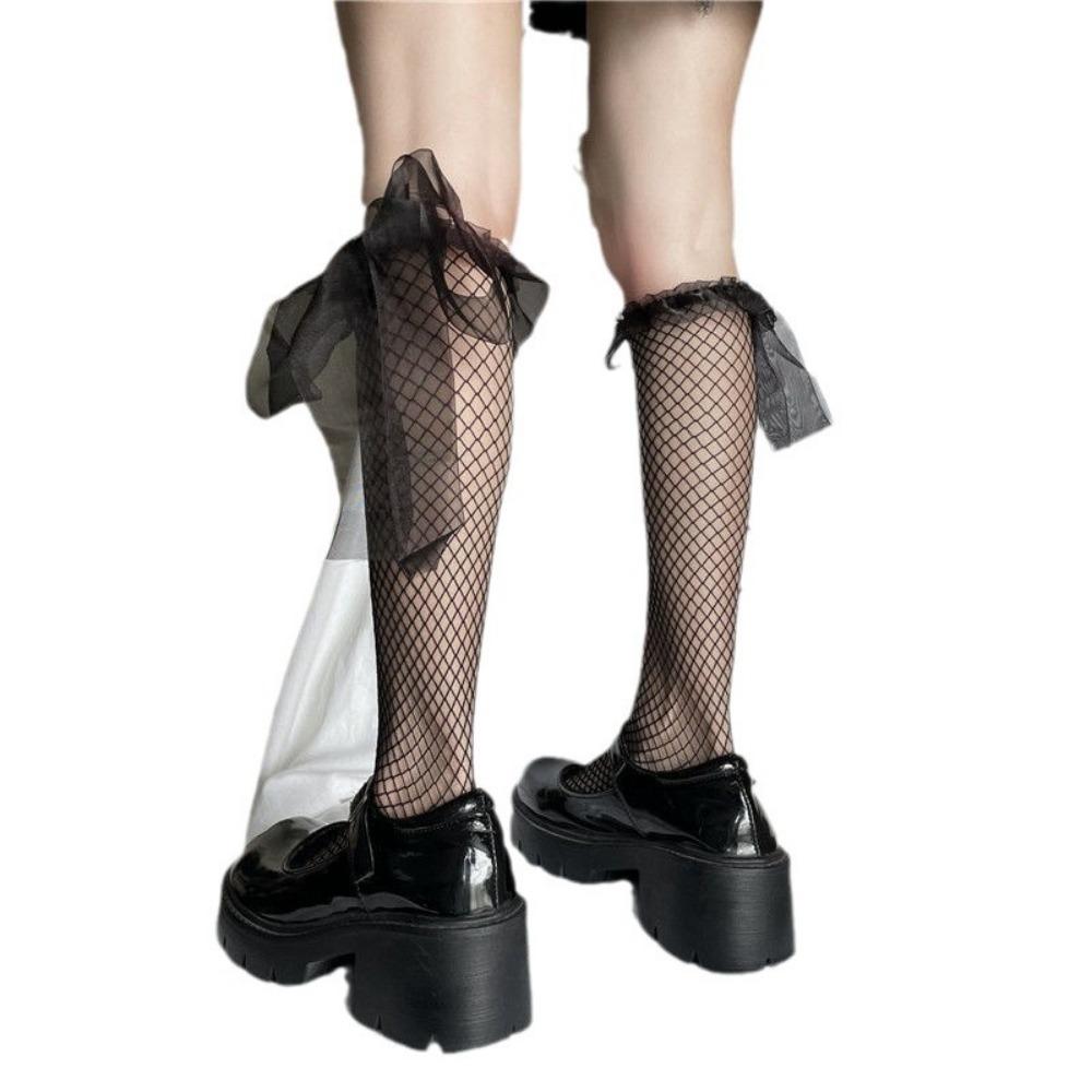 Ribbon Calf Socks Lace Lace Jk Socks Women's Medium Tube Strap Bow Hollow Half Net Socks Lolita