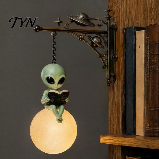 Decorative Moon Sculpture Alien Reading on Hanging Lamp, Resin Bookshelf Light, Bedroom Night Light Warm LED Decor for Patio Garden Window Statue