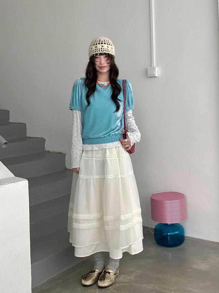 Thirteen Rows SS Elastic Waist Korean Patchwork Gauze Skirt 1685