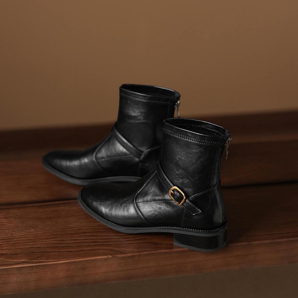 Krazing Pot Microfiber Winter Round Toe Western Boots Med Heels Zipper Women Metal Buckle British School Ankle Boots