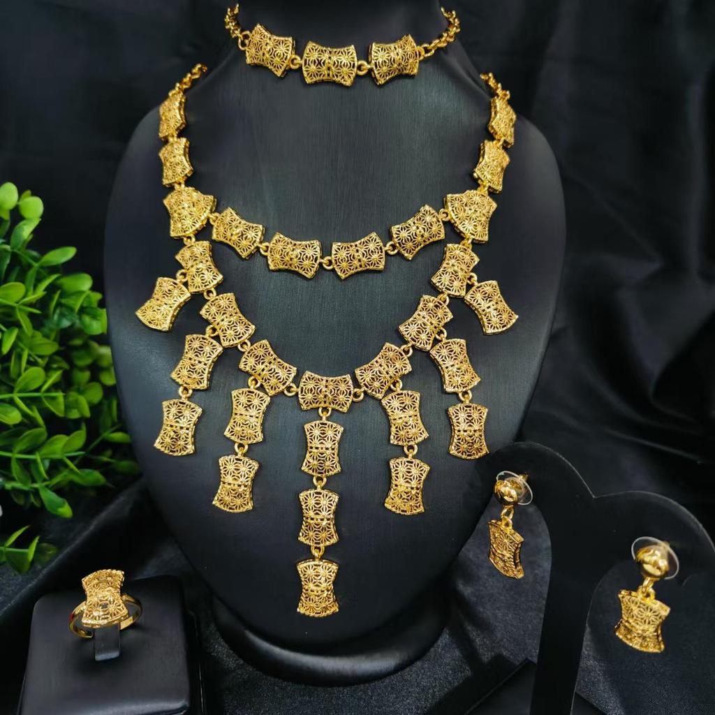 2023 Bestselling 24k Gold Flower Tassel Jewelry Set: Women's Necklace, Earrings, Bracelet & Ring for Weddings